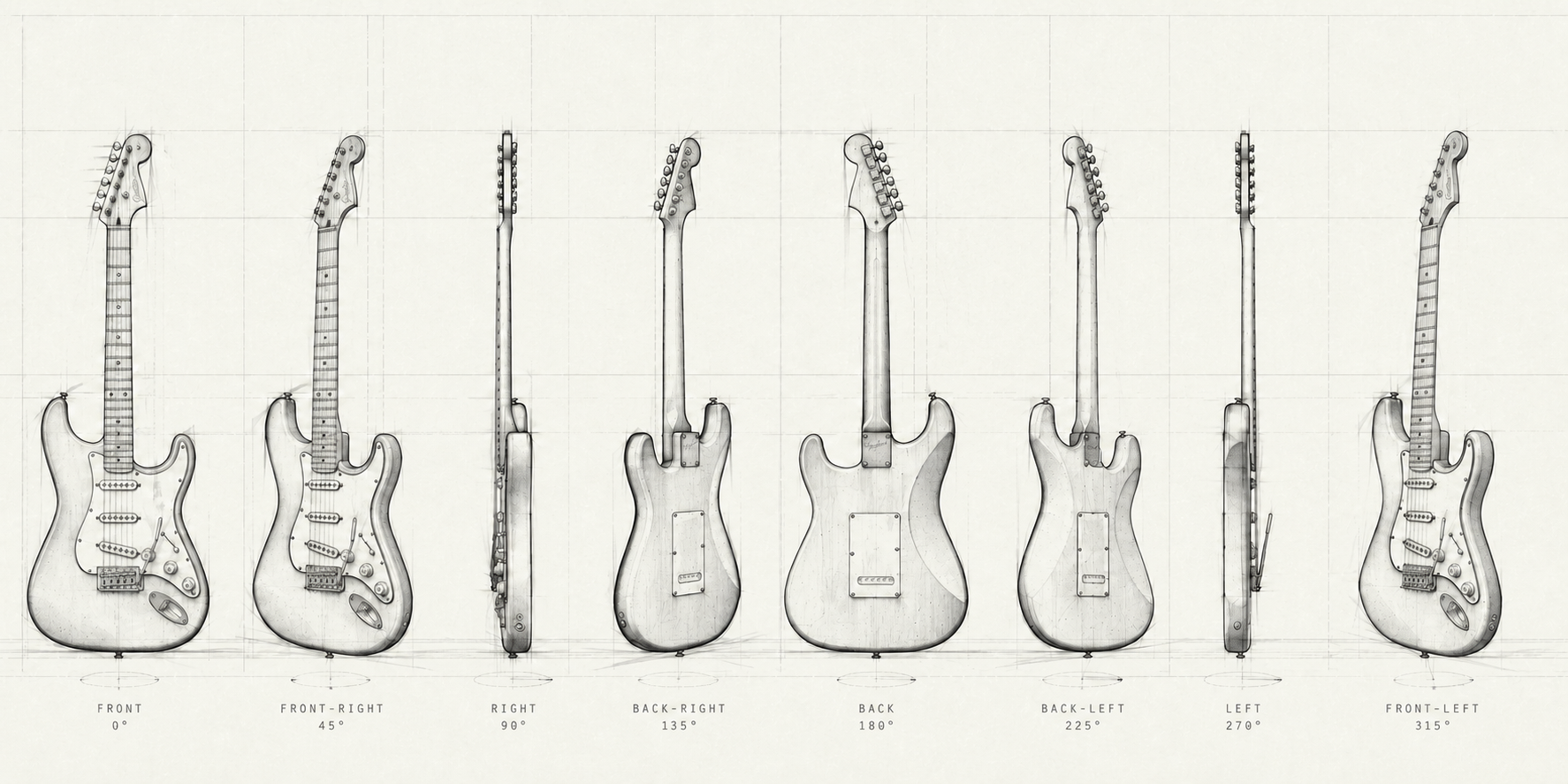 Fender Stratocaster sketch shown from 8 angles, 45 degrees apart